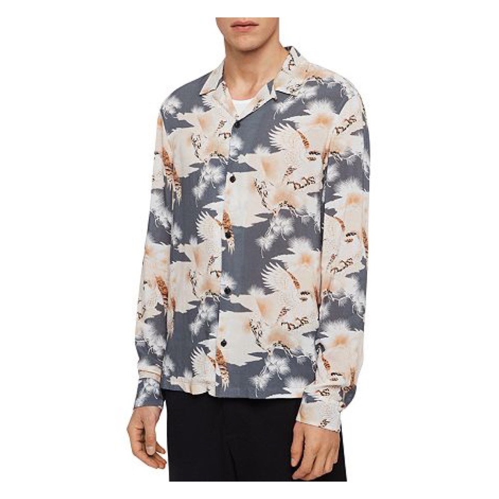 AllSaints Talon Graphic Mens Button up Hawaiian Shirt  Long Sleeve XL